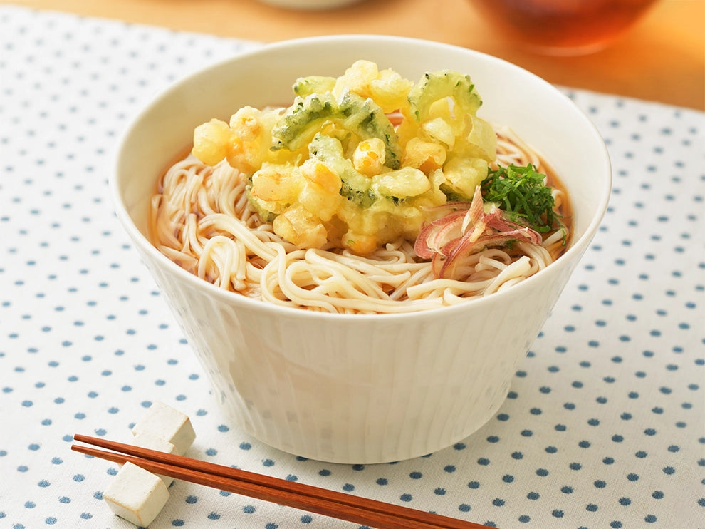 コーンとゴーヤのかき揚げ温麺